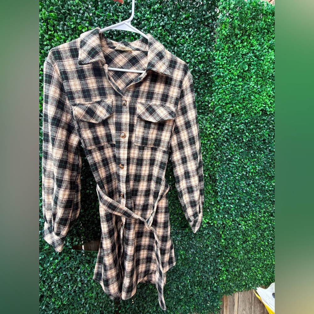 Entro Beige and Black Plaid Shirt Dress